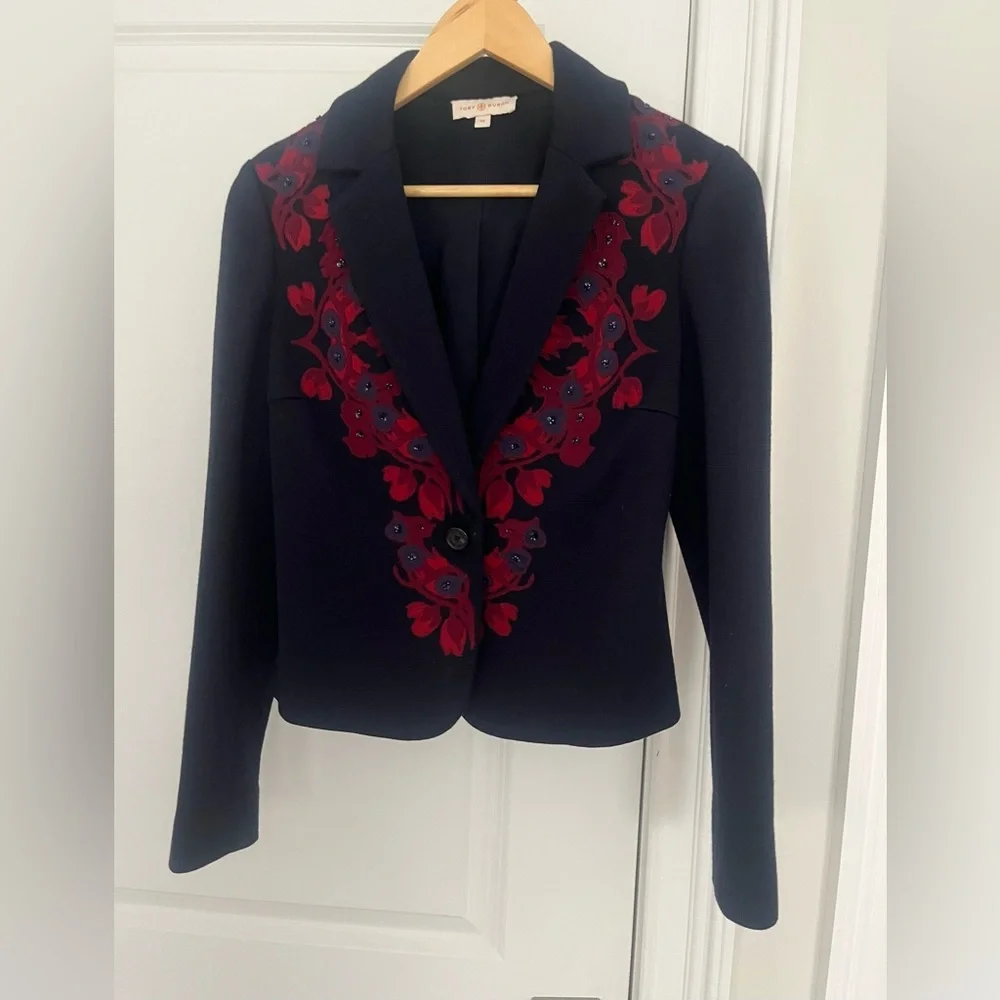 TORY BURCH Navy/Red Floral Button Front Blazer/Jacket Sz. XS Wool blend